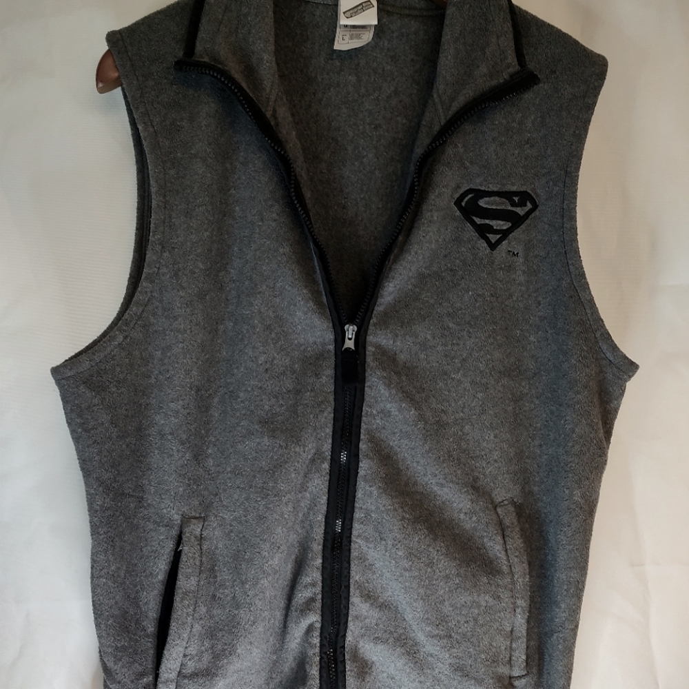 COPY - Vintage Warner Bros Gray Superman Logo Fleece Sleeveless Sweater Vest Me…